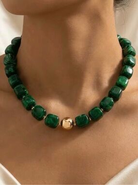 Green Beaded Necklace with Gold Accent